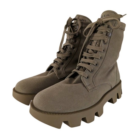 NIB Prada Khaki Canvas Lace Up Combat Boots‎ Women Size 39.5 - Picture 3 of 14